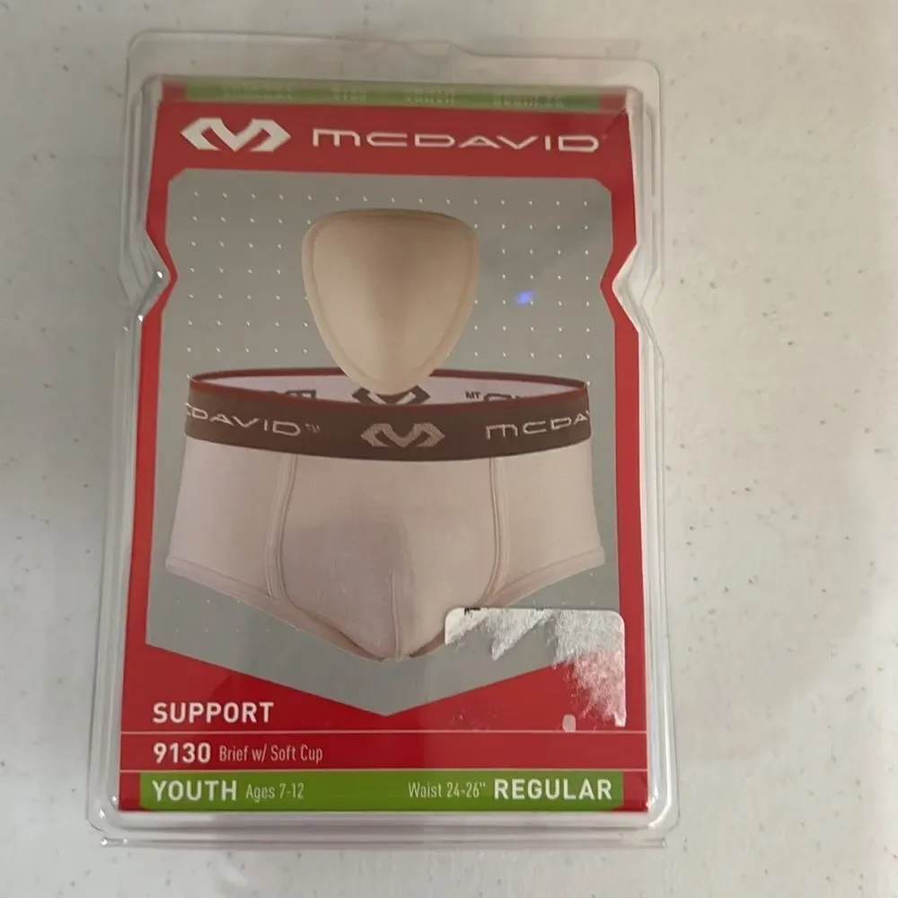 New in box! McDavid brief w/soft cup. Youth 24”-26”. White. Support, 9130
